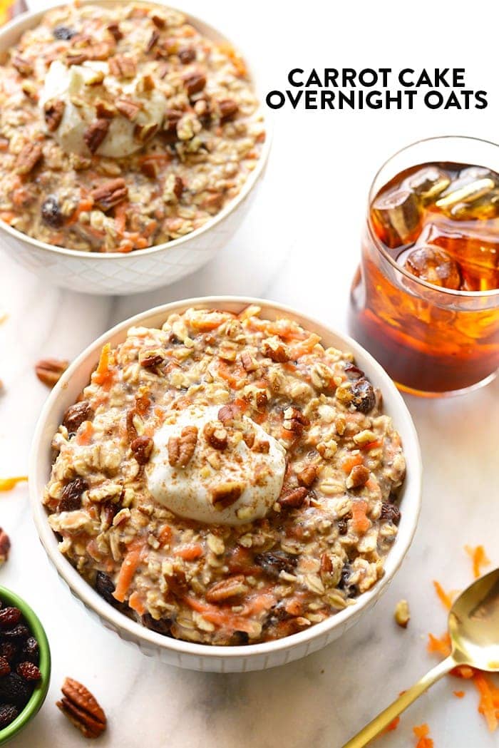 A full serving of veggies at breakfast? SURE WHY NOT! These carrot cake overnight oats will give you just that plus all of the delicious flavors of carrot cake!